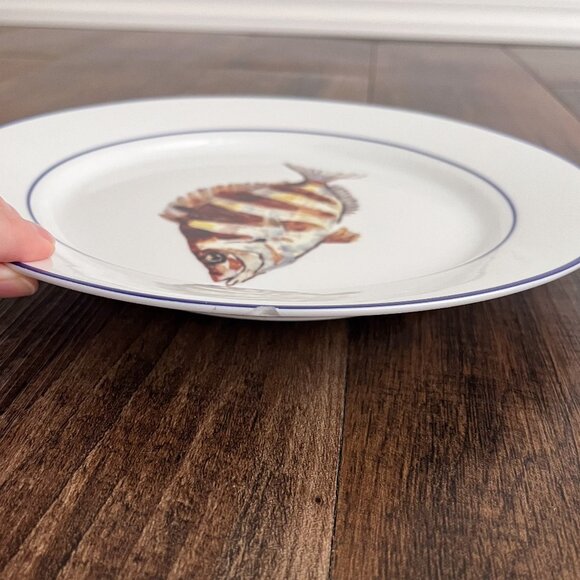 Williams-Sonoma La Mer Fish Porcelain Dinner Plate Brown Stripe Marc Lacaze 2008 - Picture 5 of 14